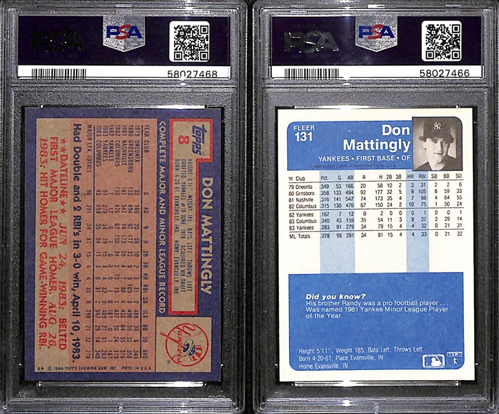 1984 Don Mattingly Graded Rookie Lot - Fleer #131 Graded PSA Gem Mint 10;  Topps #8 Graded PSA 9