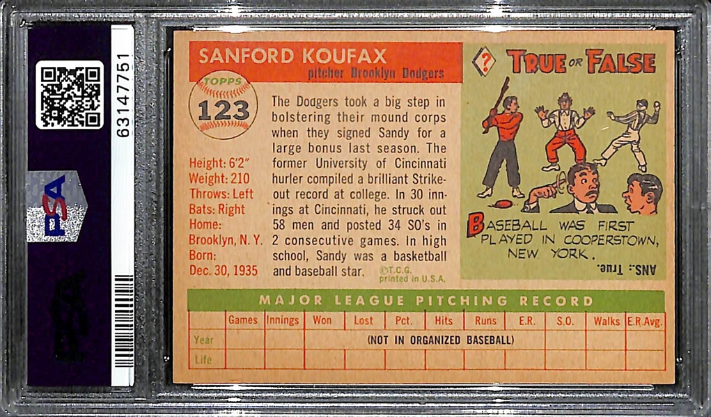 1955 Topps #123 Sandy Koufax Rookie Card Graded PSA 7 NM