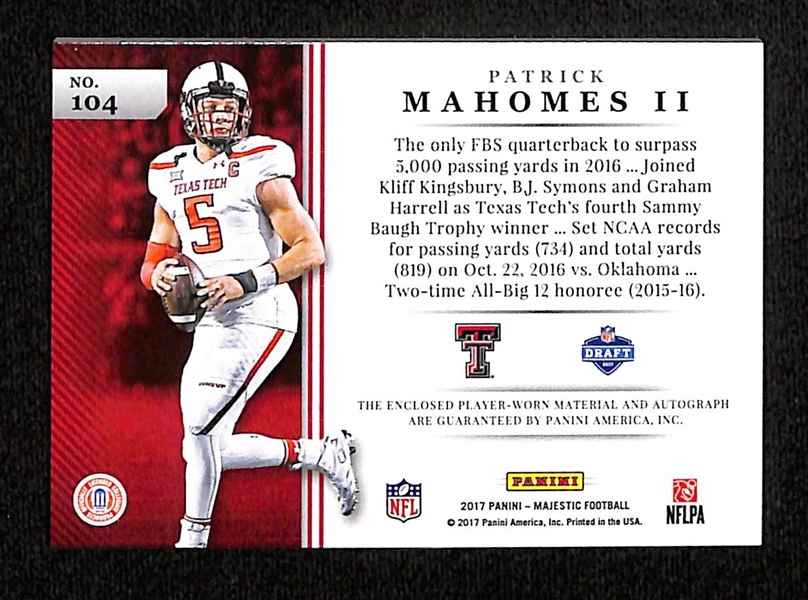 2017 Panini Majestic Patrick Mahomes Rookie Patch Autograph #27/49 - Scripted Swatches Auto