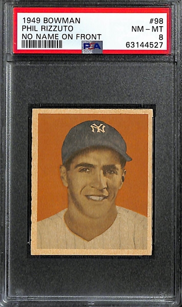 (3) High-Quality 1949 Bowman Cards - Phil Rizzuto PSA 8 (No Name on Front), Enos Slaughter PSA 8, Dom DiMaggio PSA 7
