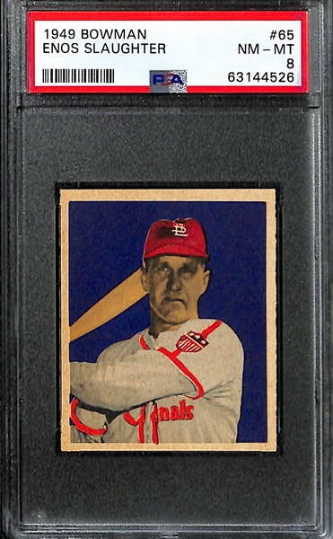 (3) High-Quality 1949 Bowman Cards - Phil Rizzuto PSA 8 (No Name on Front), Enos Slaughter PSA 8, Dom DiMaggio PSA 7