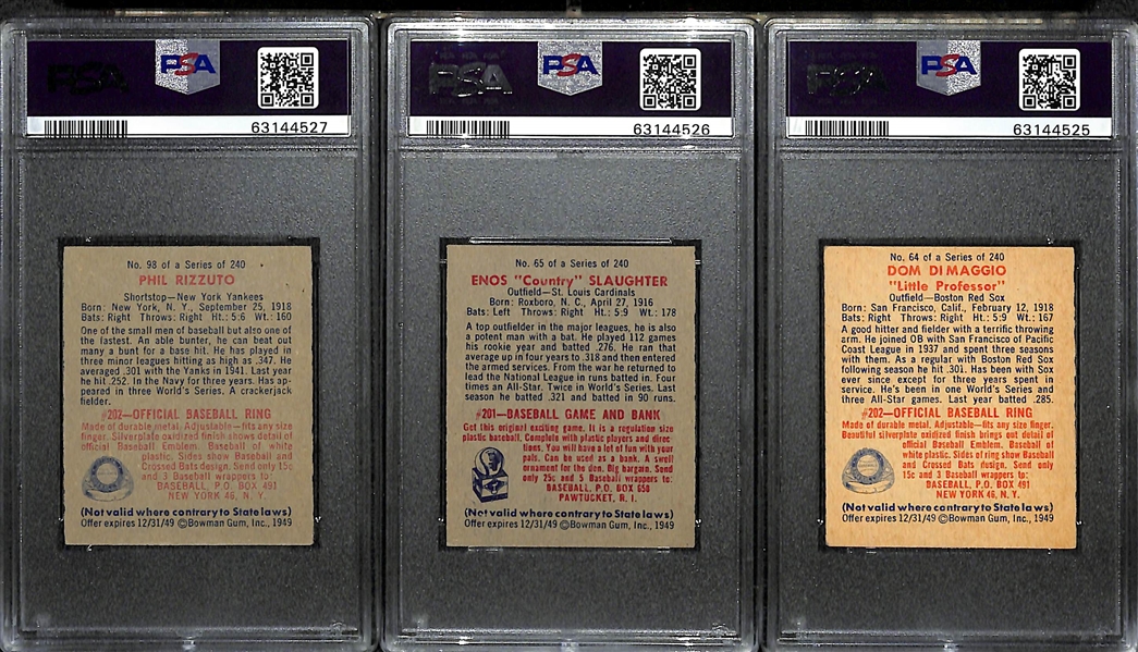 (3) High-Quality 1949 Bowman Cards - Phil Rizzuto PSA 8 (No Name on Front), Enos Slaughter PSA 8, Dom DiMaggio PSA 7