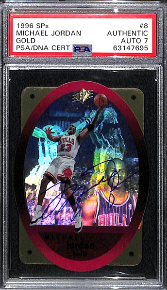Autographed 1996 SPx Michael Jordan #8 Gold Hologram Card w. UDA Certificate - PSA Graded Authentic (7 Auto Grade) 
