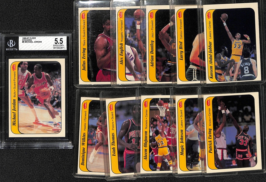 1986-87 Fleer Basketball Complete Sticker Set (11) w. BGS 5.5 Michael Jordan Rookie Sticker