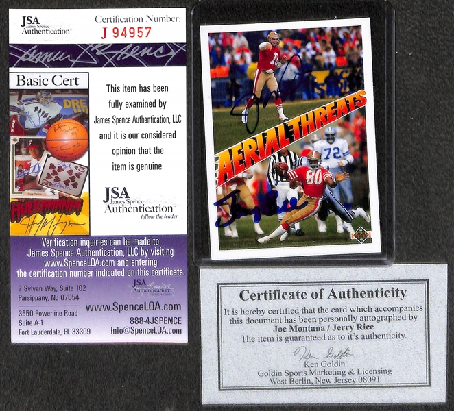 Autograph and Memorabilia Lot Featuring Joe Montana, Jerry Rice Dual Signed Card, and 1982 Glacier Pilots Mark McGwire 