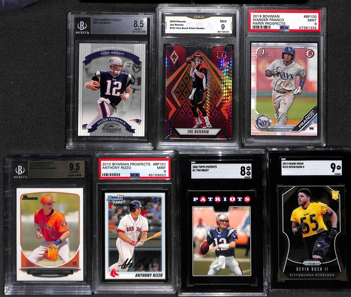 Lot of (7) Graded Multi-Sport Rookies and Stars w. Brady, Burrow, W. Franco