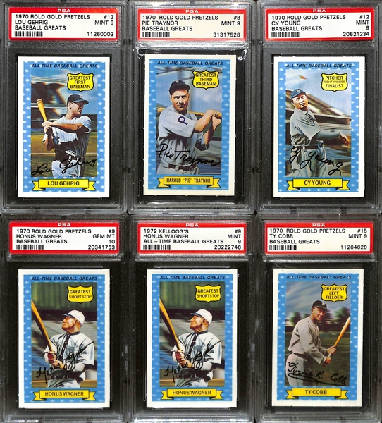 Lot of (6) Mostly PSA Graded 1970s Rold Gold Pretzels Baseball Greats w.  Wagner, Young, Traynor, Gehrig, and Cobb 