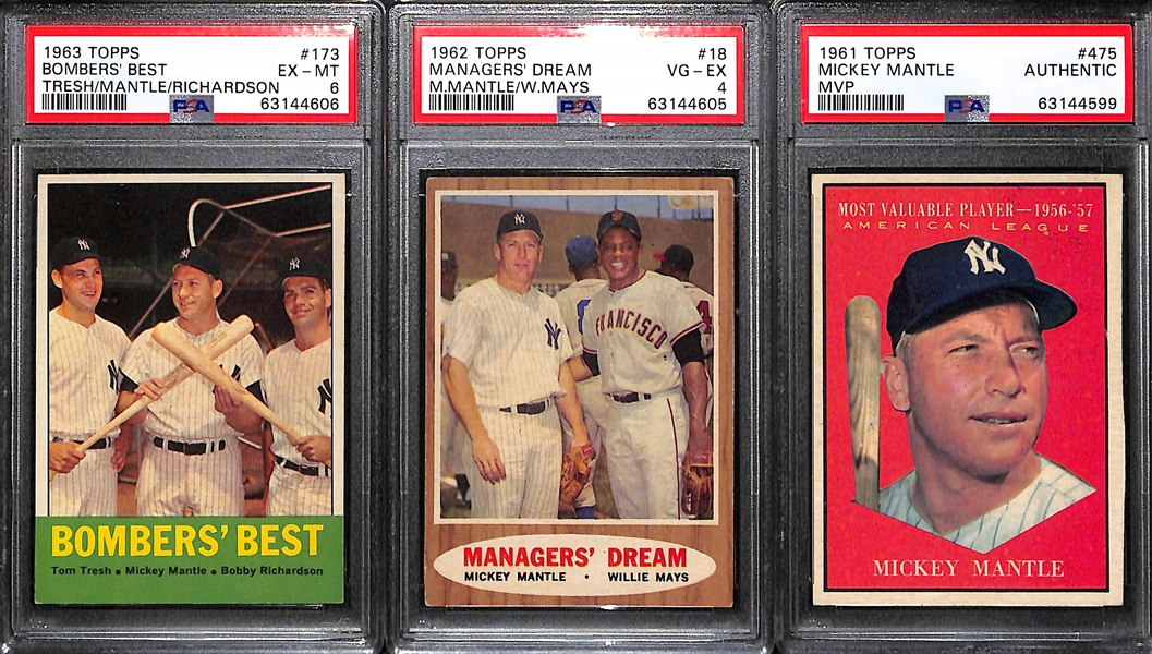 Mickey Mantle Graded Lot - 1963 Bombers' Best (PSA 6), 1962 Managers' Dream w. Mays (PSA 4), 1961 MVP (PSA Authentic)