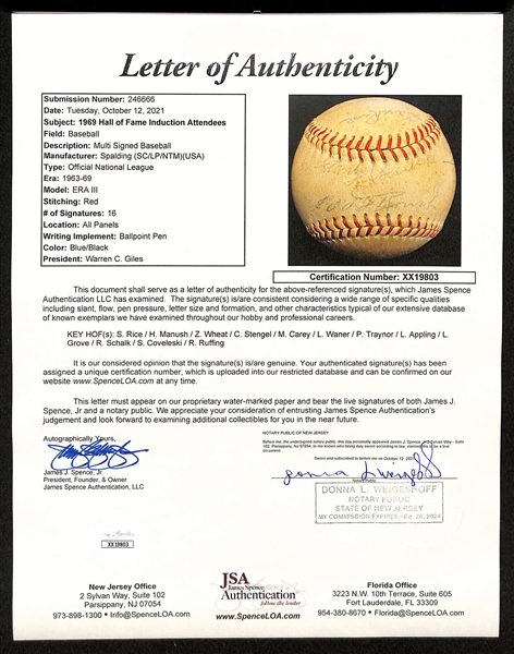 Official NL W. Giles Baseball Signed By Pie Traynor, C. Gehringer, L. Waner, Stengel, S. Rice, M. Carey, Ruffing, Grove, Schalk, Roush, L. Appling, Covaleski, B. Terry (JSA LOA) 