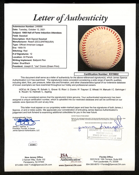 Official AL Joe Cronin Baseball Signed By (12) HOFers w. Pie Traynor, C. Gehringer, Grove, Cronin, Z. Wheat, H. Manush, G. Hartnett, S. Rice, M. Carey, Schalk, Roush