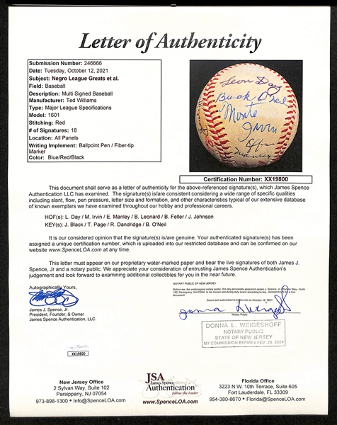 Major League Specification Baseball w. (17) Signatures Inc. RARE Effa Manley - Mostly Negro League Stars also inc. Day, Dandridge, Judy Johnson, Joe Black, Feller, Irvin, O'Neil, + (Full JSA LOA) 