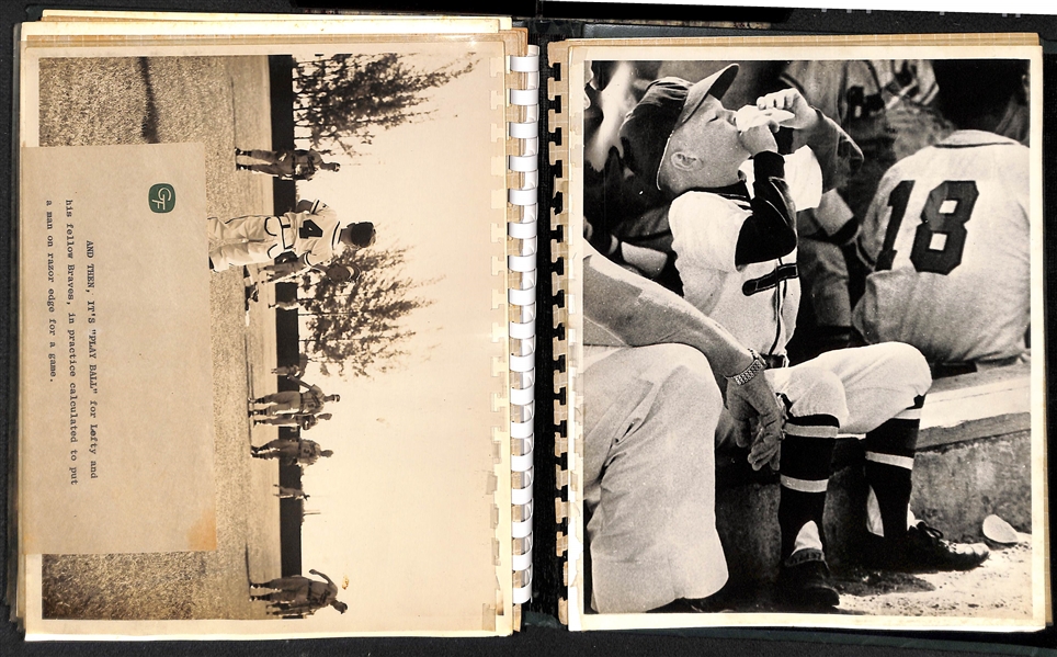 Lefty Miller's (Braves Bat Boy) Original Braves Autograph Album & 10 Wire Photos & 2x3 Photo of Miller w. Aaron (JSA Auction Letter)