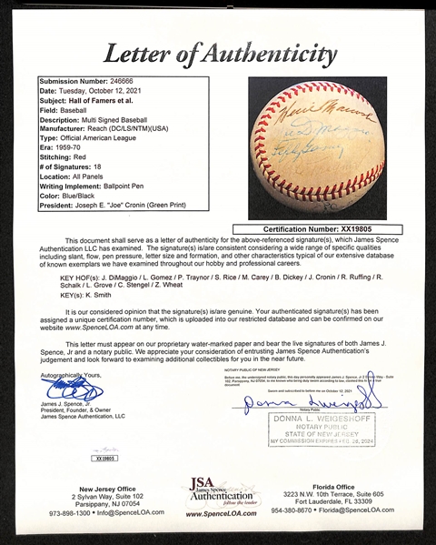 Official AL Joe Cronin Signed Baseball (18 Signatures) - Mostly HOFers - w. Joe DiMaggio, Pie Traynor, Max Carey, Grove, Ruffing, Schalk, Wheat, Stengel, Manush, Gomez, Cronin, + - Full JSA LOA