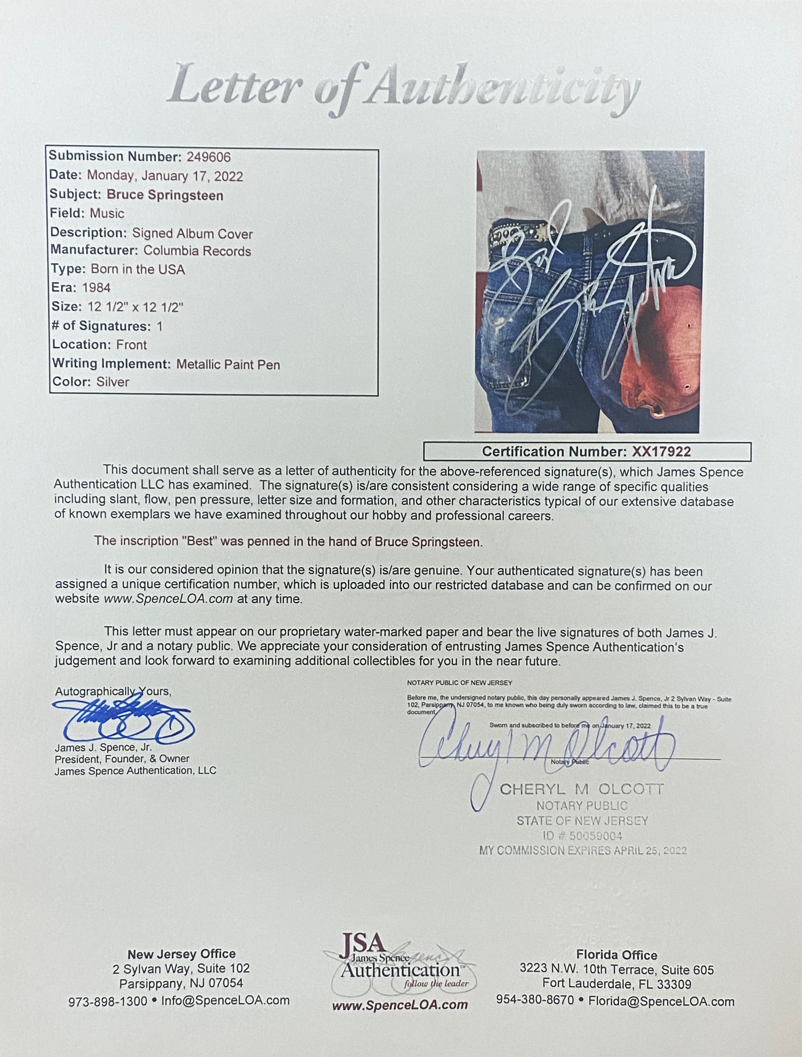 Jsa Authentication Letters Lot Detail - Bruce Springsteen Signed