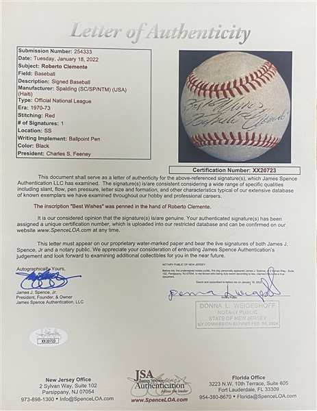 High Quality Roberto Clemente Single Signed Official National League Baseball on the Sweet Spot - JSA LOA (Consigned by Original Owner in 1970)