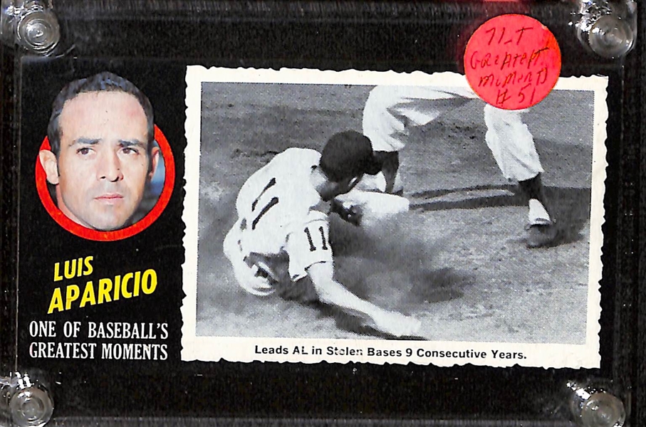 Lot of (4) 1971 Topps Greatest Moments w. Ernie Banks, Luis Aparicio, Thurman Munson, and Tony Perez