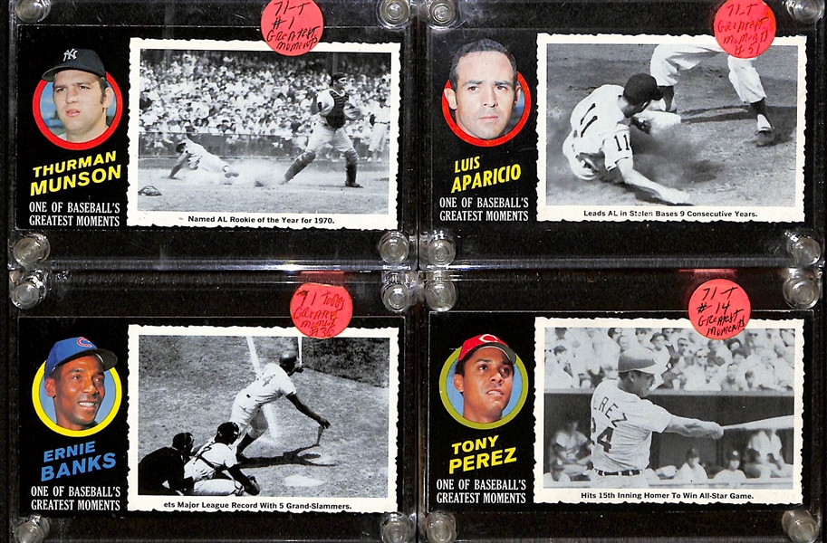 Lot of (4) 1971 Topps Greatest Moments w. Ernie Banks, Luis Aparicio, Thurman Munson, and Tony Perez