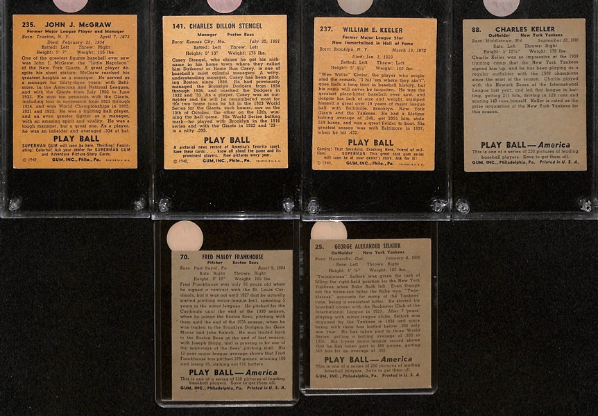(6) 1939-1940 Play Ball Cards w. McGraw, Stengel, Keller, Keeler, Selkirk, Frankhouse 
