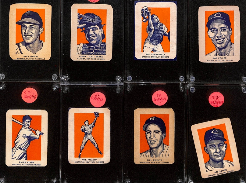 (8) 1952 Wheaties Hand Cut Baseball Cards - Musial, Berra, Campanella, Feller, Kiner, (2) Rizzuto, Lemon