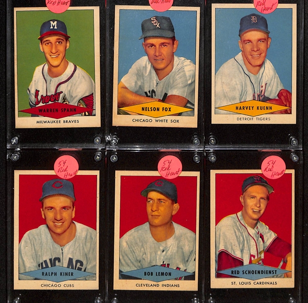(6) 1954 Red Heart Cards w. Spahn, N. Fox, Schoendienst, Kiner, Kuehn, Lemon