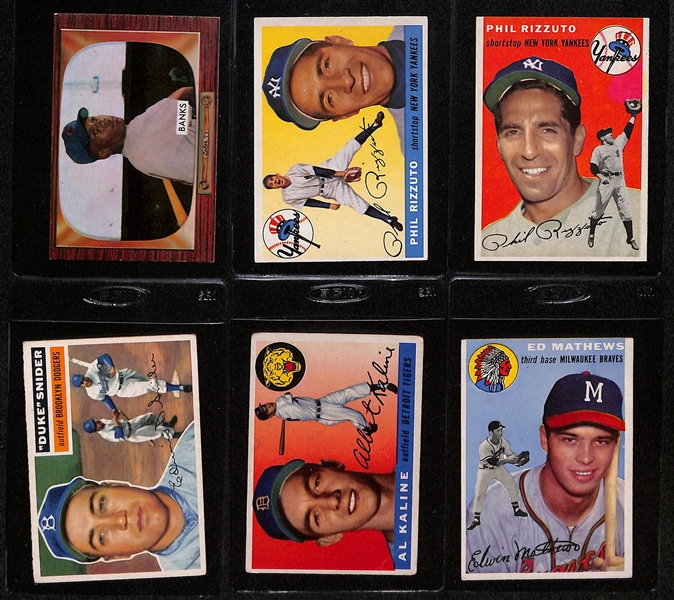 (14) Lower Grade 1950s Cards w. 1954 Bowman Mantle, (2) 1957 Topps Baseball Checklists,  and 1953 Bowman In-Action Pee Wee Reese