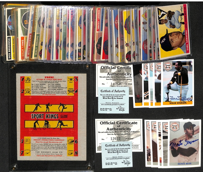 Lot of 1933 Goudey Sports King Wax Pack Wrapper, (41) 1955 & 1956 Topps Assorted Baseball Cards & 2 Front Row Baseball Sets w. Signed Willie Stargell & Monte Irvin Cards
