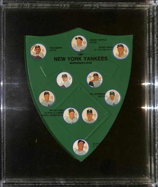 Rare 1962 New York Yankees Salada Coin Team Set with Shield Display (Custom Cellophane Cover w. Yankees Player Stats and Hard Plastic Case), Inc. Mantle, Berra, Maris, Ford!