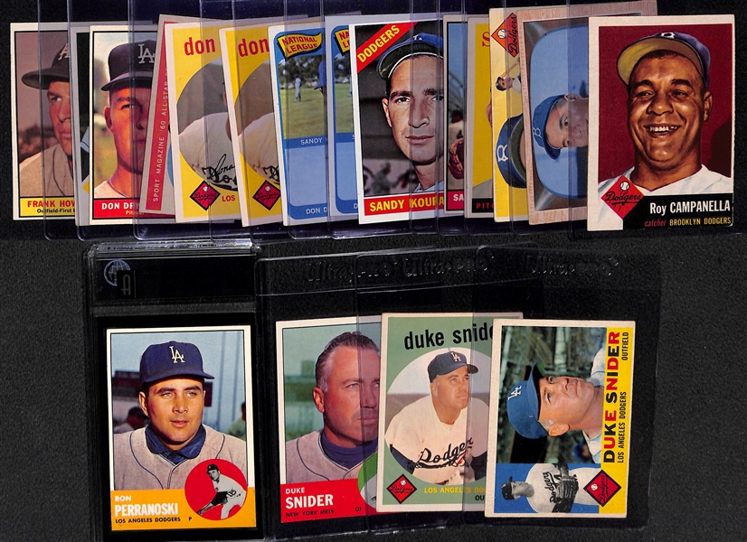  Lot of (18) Primarily Topps Dodger Cards from 1953-1963 w. (2) 1953T & 1955B Roy Campanella Cards