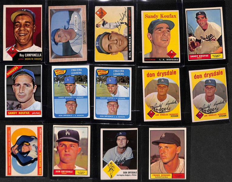  Lot of (18) Primarily Topps Dodger Cards from 1953-1963 w. (2) 1953T & 1955B Roy Campanella Cards
