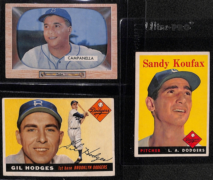  Lot of (18) Primarily Topps Dodger Cards from 1953-1963 w. (2) 1953T & 1955B Roy Campanella Cards