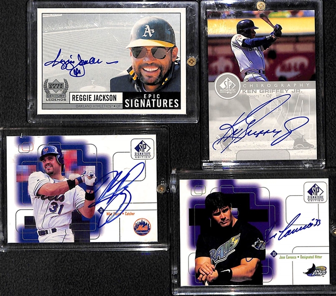 Lot of (4) Upper Deck Autographed Baseball Cards w. Ken Griffey Jr, Piazza, Conseco, and Reggie Jackson