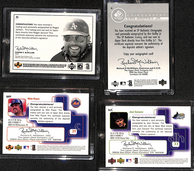 Lot of (4) Upper Deck Autographed Baseball Cards w. Ken Griffey Jr, Piazza, Conseco, and Reggie Jackson