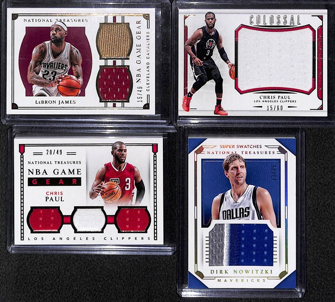 Lot of (4) 2015-16 National Treasures Basketball Patch Cards w. Lebron James, Chris Paul, and Nowitzki