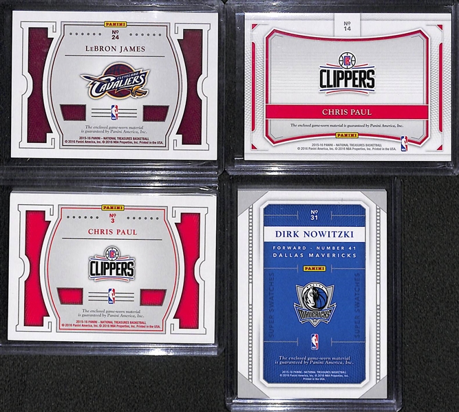 Lot of (4) 2015-16 National Treasures Basketball Patch Cards w. Lebron James, Chris Paul, and Nowitzki