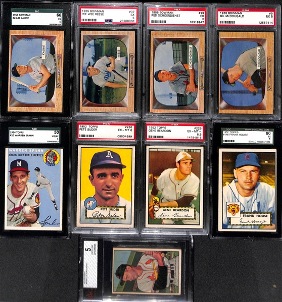 Lot of (9) 1952-1955 Graded Baseball Cards w/ Spahn, Kaline, Reese and More