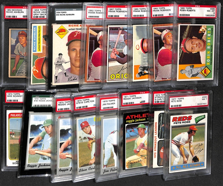 Lot of (16) 1950s, 60s and 70s Graded Baseball Cards w. Frank Robinson, Richie Ashburn and 1960 Robin Roberts PSA 8