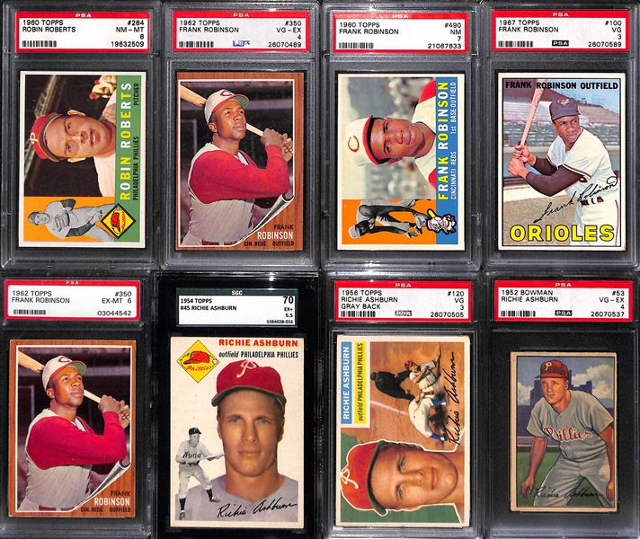 Lot of (16) 1950s, 60s and 70s Graded Baseball Cards w. Frank Robinson, Richie Ashburn and 1960 Robin Roberts PSA 8