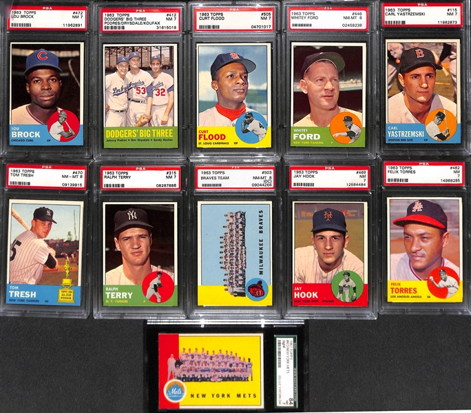 Lot of (11) Mostly PSA Graded 7 or Higher 1963 Topps Baseball Cards w. Yastrzemski, Ford, Flood, Brock and More