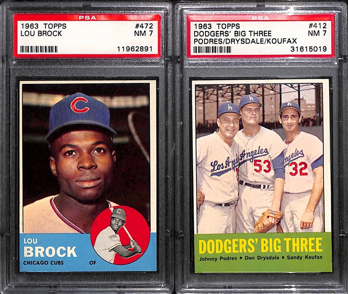 Lot of (11) Mostly PSA Graded 7 or Higher 1963 Topps Baseball Cards w. Yastrzemski, Ford, Flood, Brock and More