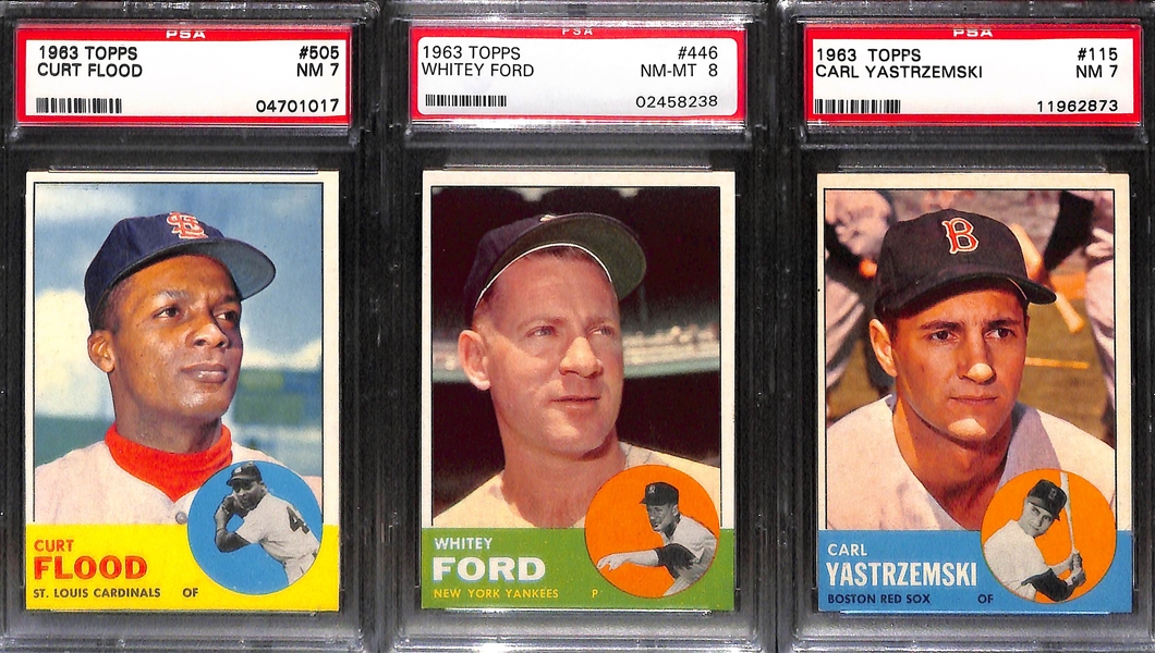 Lot of (11) Mostly PSA Graded 7 or Higher 1963 Topps Baseball Cards w. Yastrzemski, Ford, Flood, Brock and More