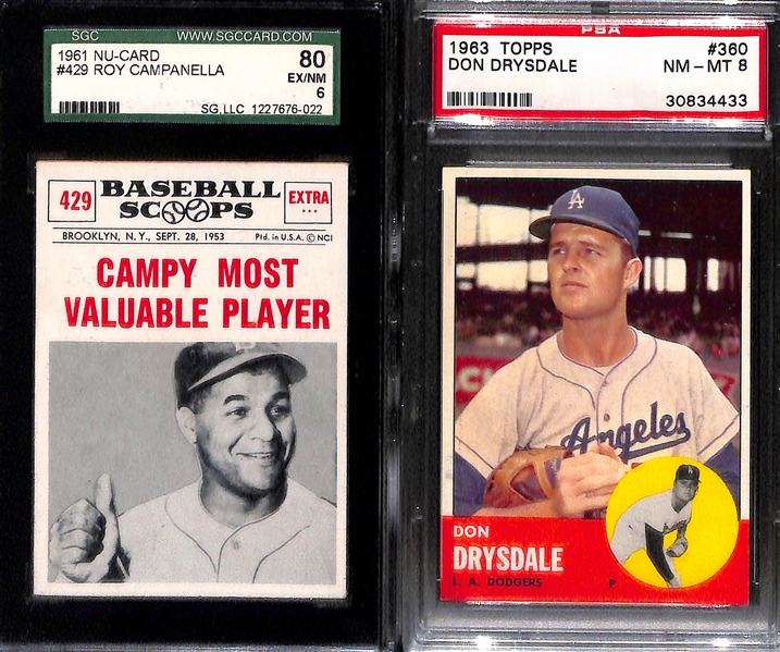 Lot of (5) 1950s and 60s Graded Baseball HOFer Cards w. Drysdale, Campanella, and Hodges