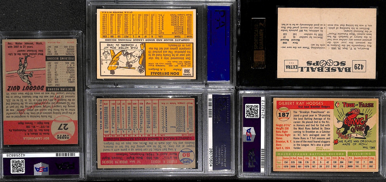 Lot of (5) 1950s and 60s Graded Baseball HOFer Cards w. Drysdale, Campanella, and Hodges