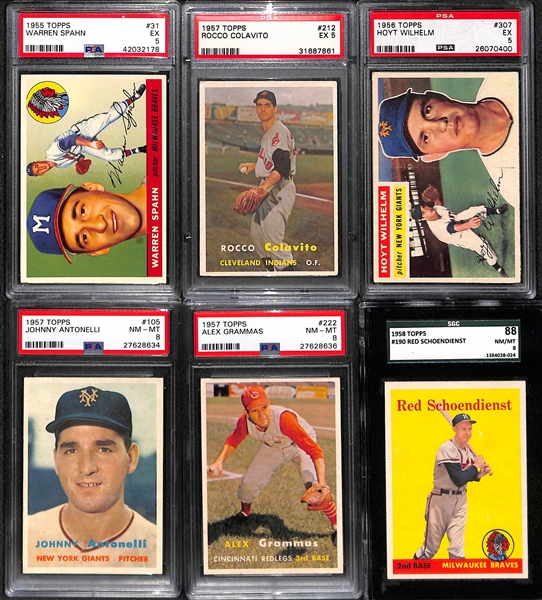 Lot of (6) 1950s Mostly PSA Graded Baseball Cards w. Spahn, Colavito, Wilhelm and Others