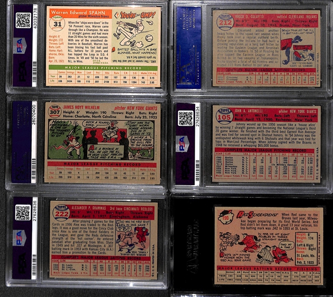Lot of (6) 1950s Mostly PSA Graded Baseball Cards w. Spahn, Colavito, Wilhelm and Others