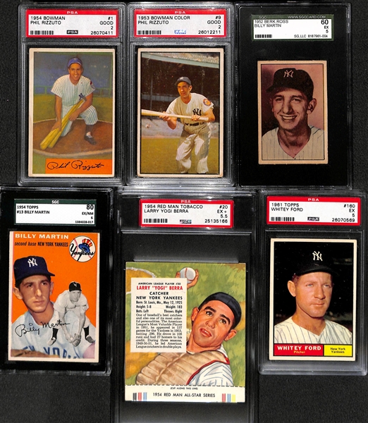 Lot of (6) Mostly 1950s Graded Yankees Baseball Card Lot w. Berra, Rizzuto, Ford, and Martin