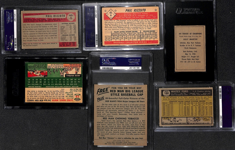 Lot of (6) Mostly 1950s Graded Yankees Baseball Card Lot w. Berra, Rizzuto, Ford, and Martin