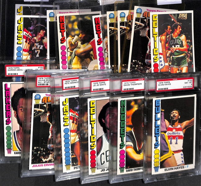 Lot of (15) 1976 Topps Basketball Cards w. (6) PSA Graded Featuring Erving, Jabbar, Maravich