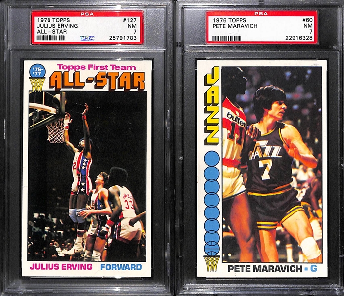 Lot of (15) 1976 Topps Basketball Cards w. (6) PSA Graded Featuring Erving, Jabbar, Maravich