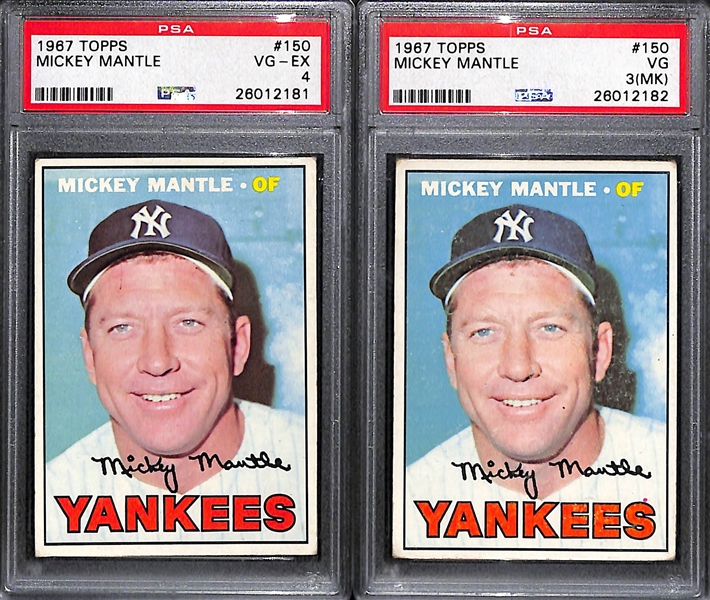 Lot of (2) 1967 Topps # 150 Mickey Mantle Graded Baseball Cards (PSA 4 and PSA 3(MK))