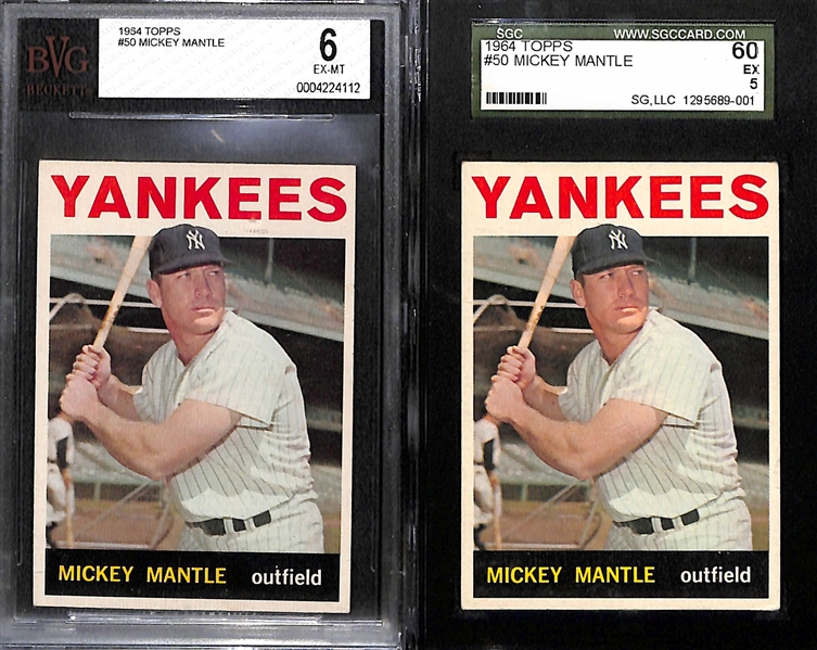 Lot of (2) 1964 Topps # 50 Mickey Mantle Graded Baseball Cards (BGS 6 and SGC 5)